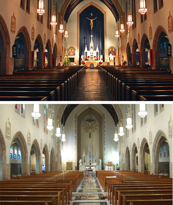 Top to bottom: The former interior of Immaculate Conception church in January 2013; the way the church looks today as tradesmen completed work on the restoration. Photo credits: (2013) Jim Judkis, (2015) Tom Drewitz