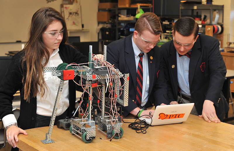 St. Joseph High School Students work on experiments in the Robotics Lab at St. Joseph High School, Natrona Heights.
